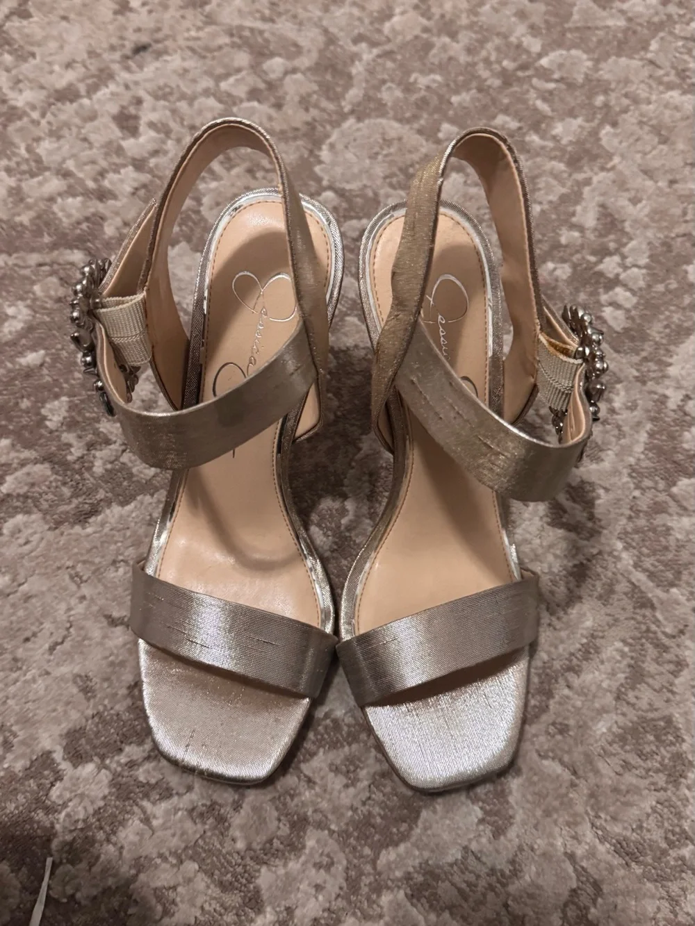Jessica Simpson Metallic Champagne Crystal-Embellished Stiletto Sandals